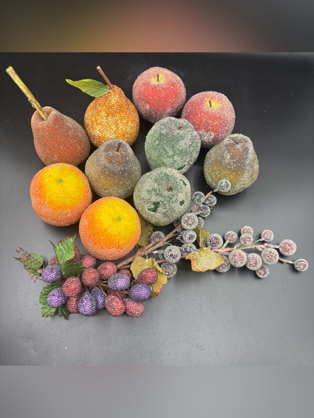 Vintage Fruit Beaded Faux Decor 90s Set of 13 Apple Orange Pear Grapes